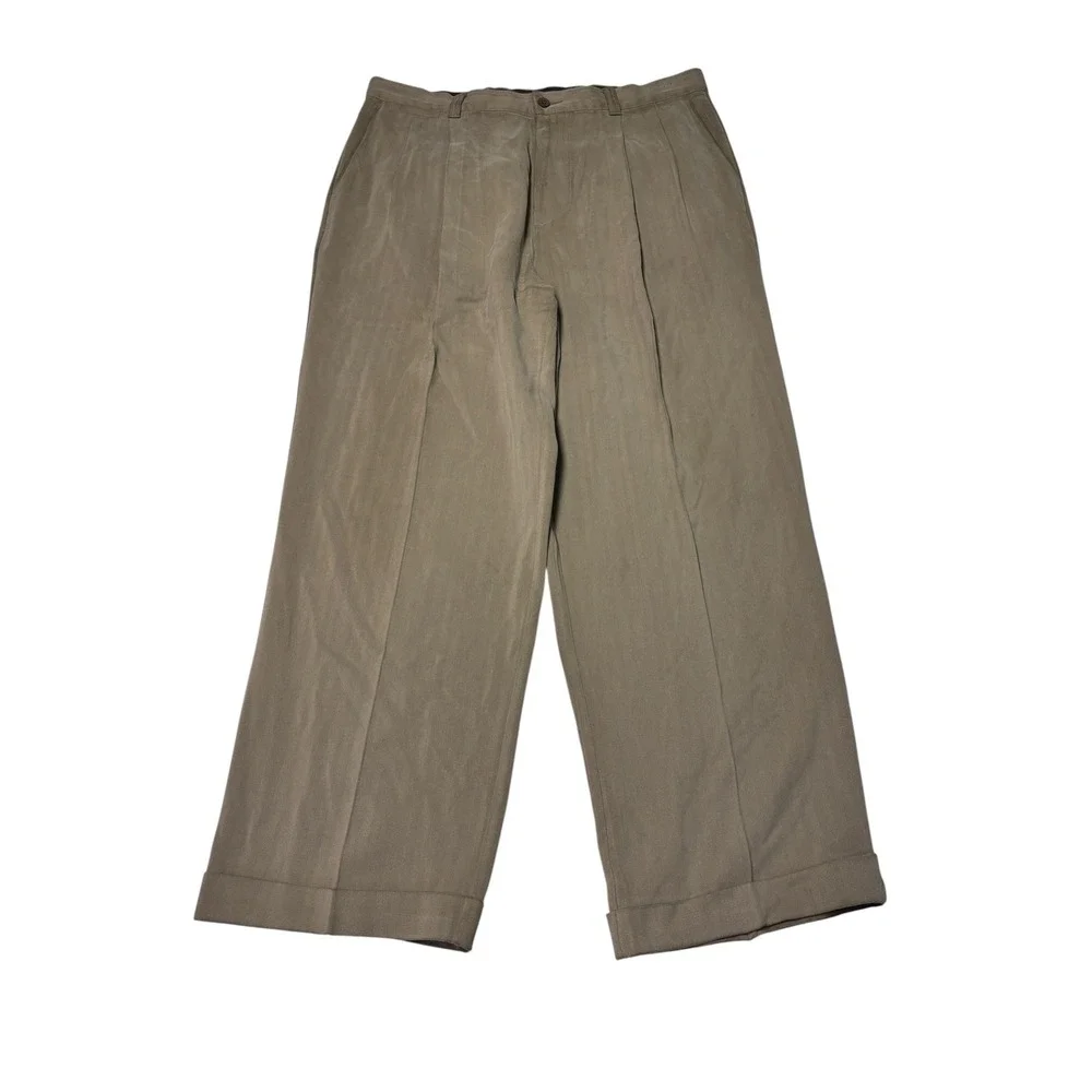 Tommy Bahama 100% Silk Pleated Herringbone Trousers Mens 35X27 Khaki Cuffed Wide